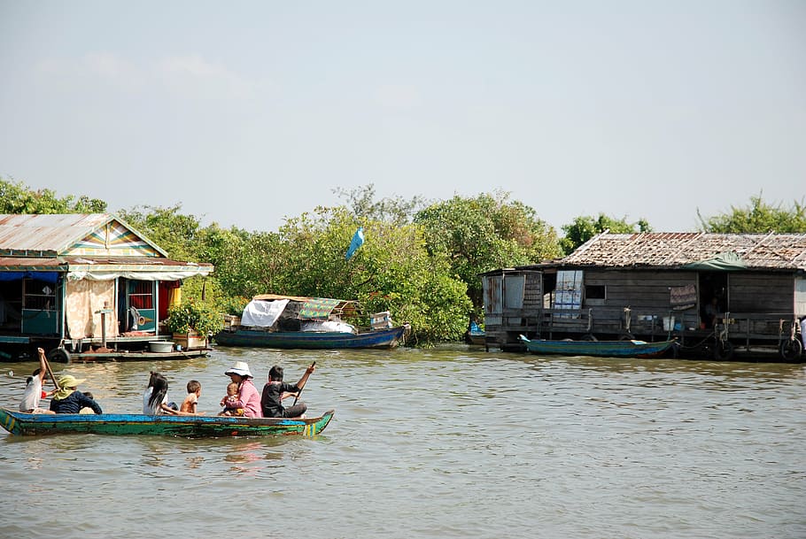 cambodia, pile-dwelling, times, family, southeast asia, water, transportation, group of people, architecture, nautical vessel