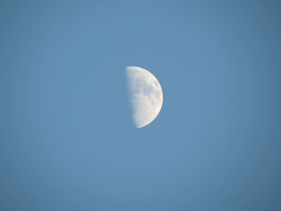 moon, half moon, moon day, sky, space, astronomy, blue, night, beauty in nature, low angle view