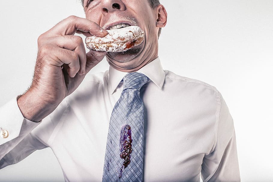 man, bite, donut, people, whimsical, lazy, business, boss, tie, fashion