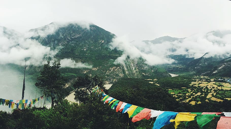 banner, hanging, tree, mountains, landscape, highlands, prayer, flags, wind, colorful