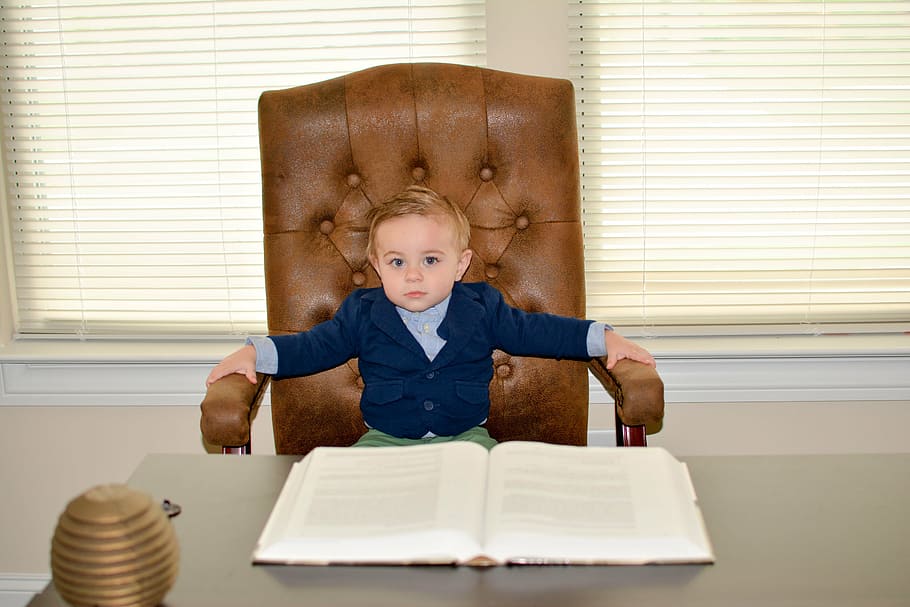 boy, sitting, office chain, front, book, toddler, ceo, child, kid, cute