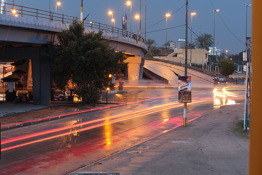 cidade, vida, luz, urbano, noite, rua, Bagdá, Iraque, iluminado, transporte