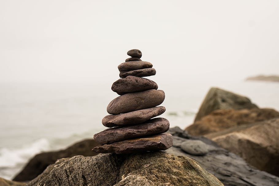 tumpukan, batu, siang hari, keseimbangan, alam, meditasi, pantai, ditumpuk, diam, menara batu