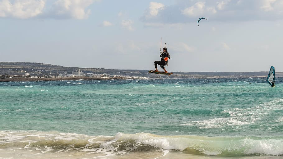 kitesurf, esporte, surf, mar, extremo, surfista, saltando, estilo, conselho de administração, vento