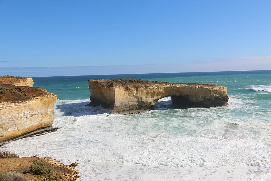 rock formations, beyond, body, water, island archway, great ocean road, australia, melbourne, port melbourne, victoria