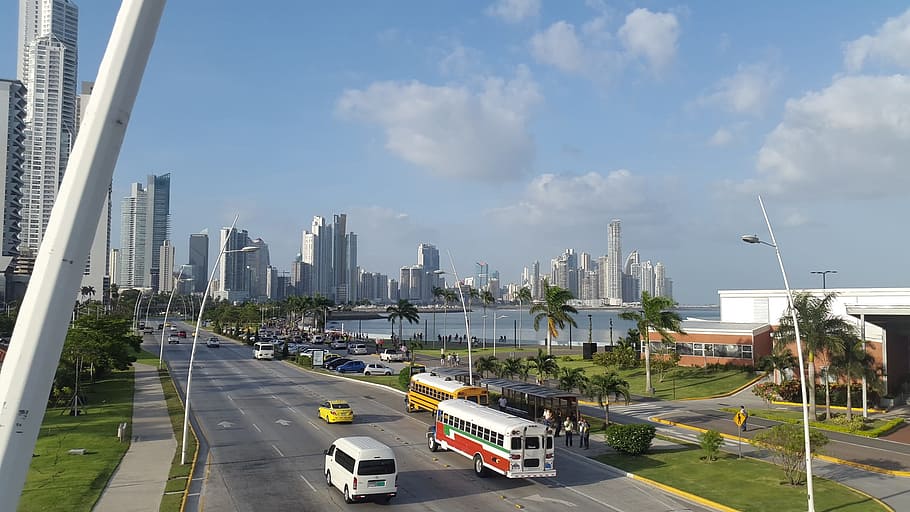 handwritten, vehicles, road, distant, high, rise buildings, Panama City Panama, Avenue, panama, highway