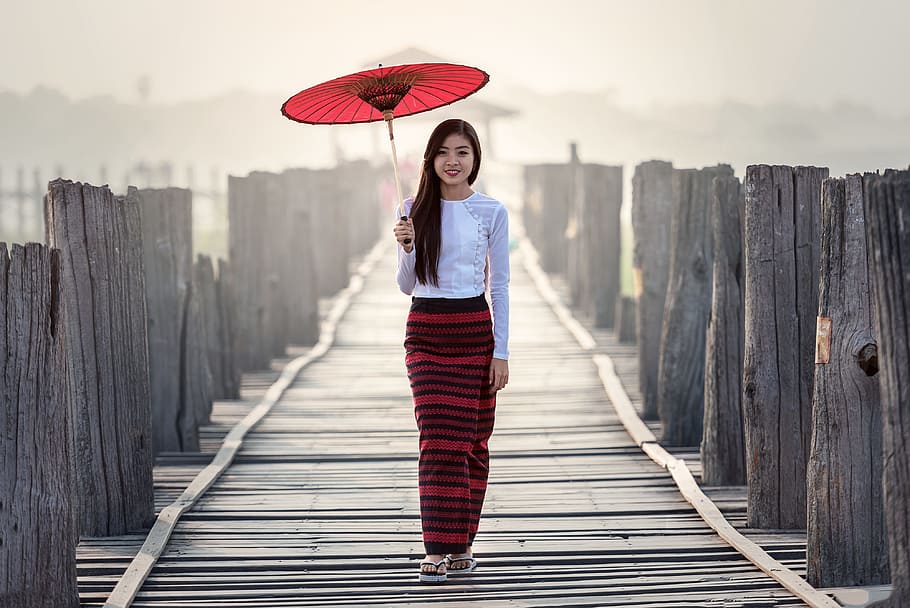 wanita, memegang, merah, payung, mode, Vietnam, tradisi, outdoor, thailand, hangat