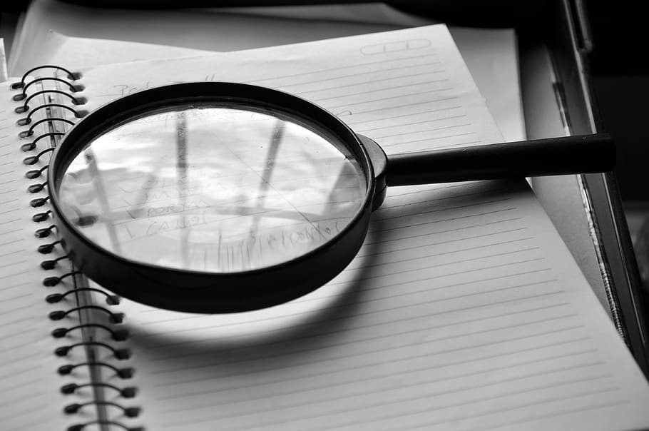 magnifying glass, notebook, detail, work, the audit, indoors, close-up, publication, glass - material, table