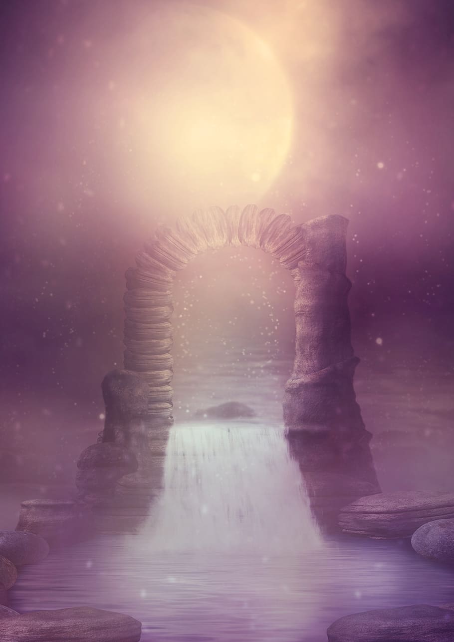 fantasy, moon, arch, rock, sea, waterfall, archway, moonlight, mood, mysterious