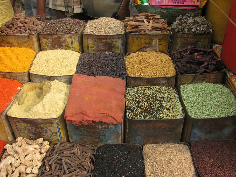 container, assorted-color powder lot, spices, market, bazaar, farmers, fresh, india, variety, ripe