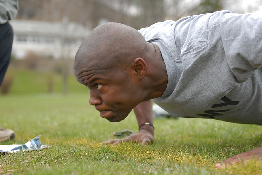 man, wearing, gray, army shirt, push, field, exercise, pushups, military, training