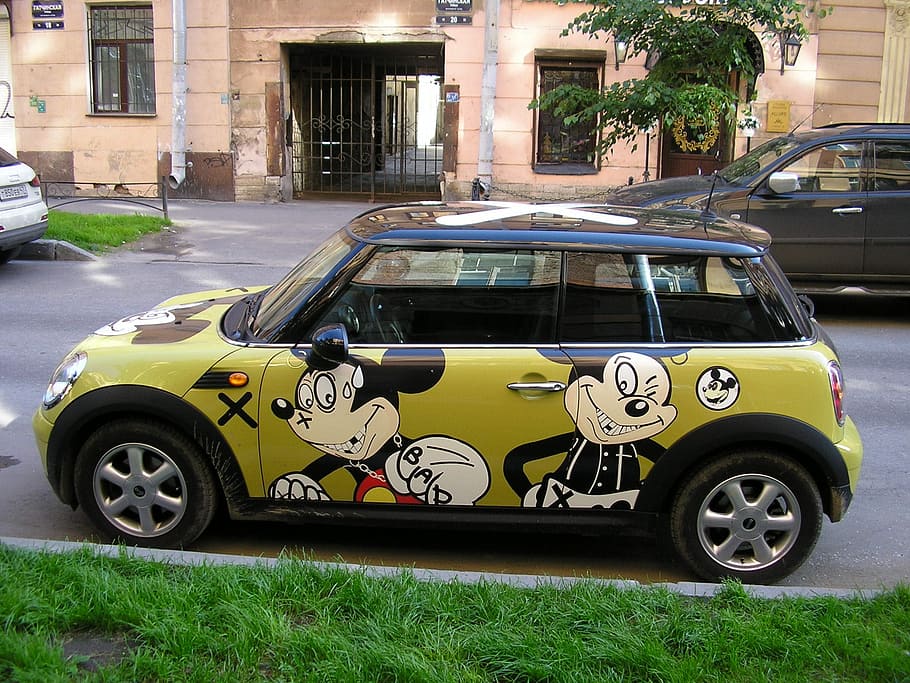 Car, Airbrush, St Petersburg Russia, Bad, mickey mouse, street, taxi, city, transportation, yellow taxi