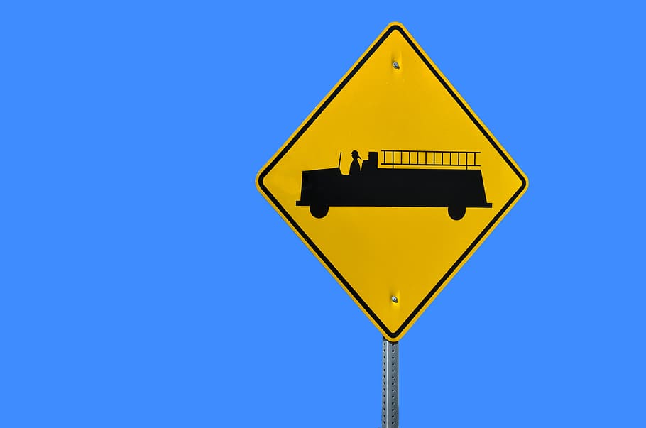 Sign, Firetruck, Warning, Isolated, background, vehicle, emergency, transportation, truck, safety