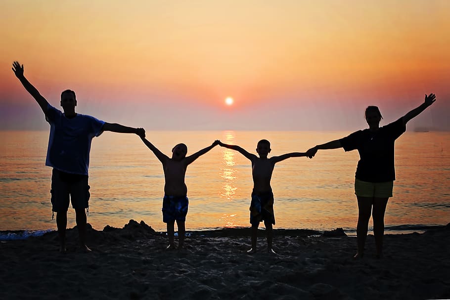 family silhouette, seashore, sunset, family, beach, happiness, summer, happy, dom, silhouette