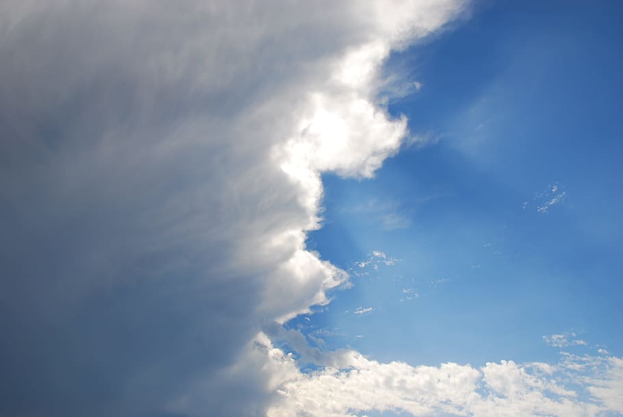 sky, clouds, blue, white, gray, rays of sunshine, time, light, cloud - sky, beauty in nature