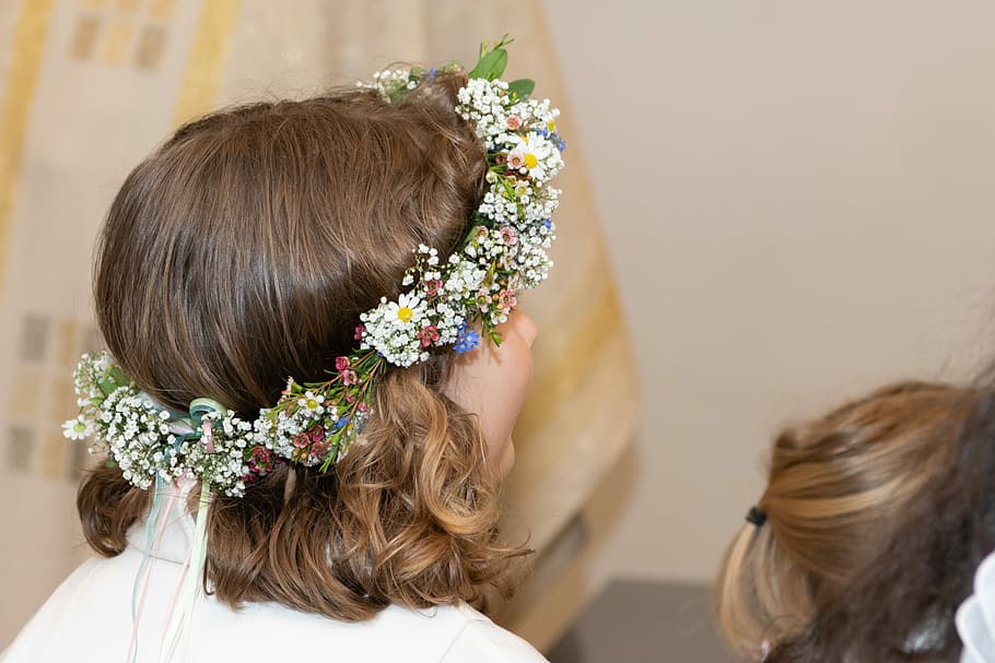 child, religion, church, first communion, hairstyle, young, flower, headshot, women, flowering plant