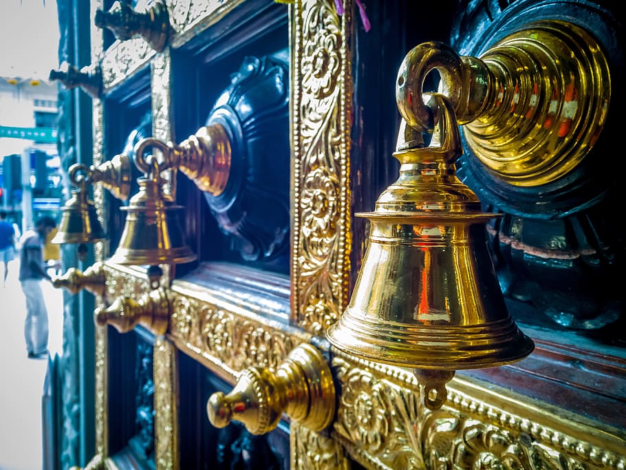 close-up photography, brass bells, bell, brass, hindu, temple, sound, ring, metal, golden