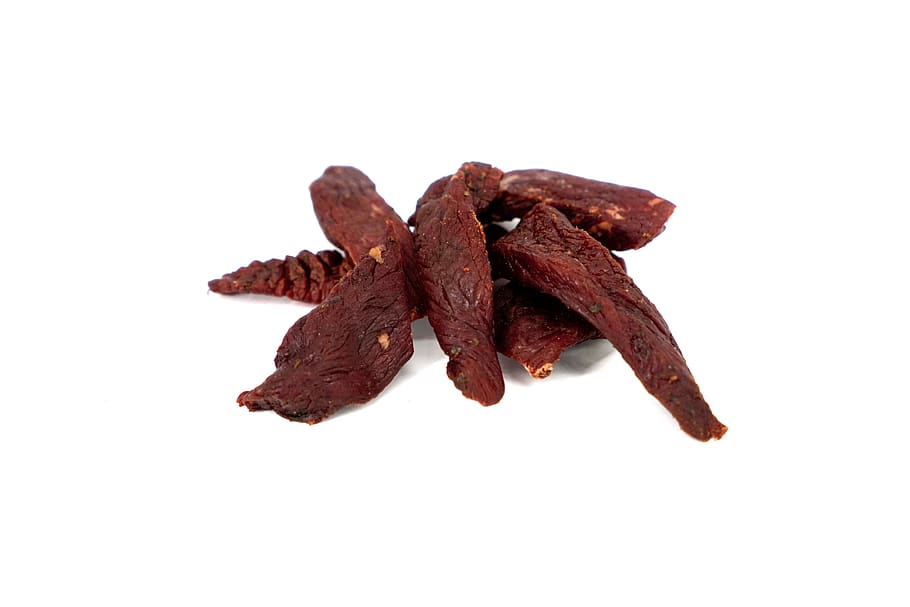 beef jerky, beef, eat, food, meat, nutrition, tasty, delicious, studio shot, white background
