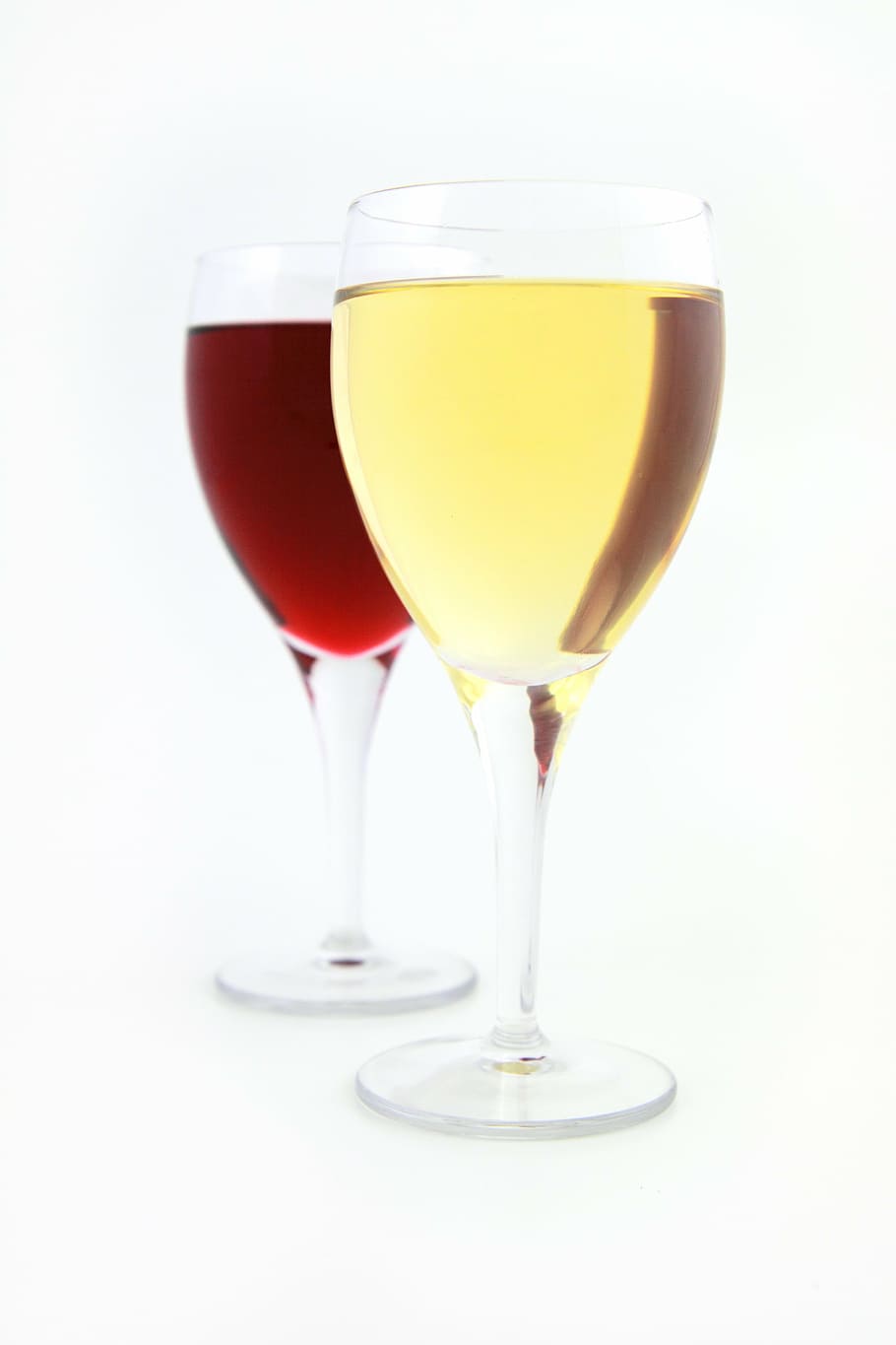 two, clear, drinking glasses, filled, red, yellow, liquids, alcohol, beverage, bordeaux