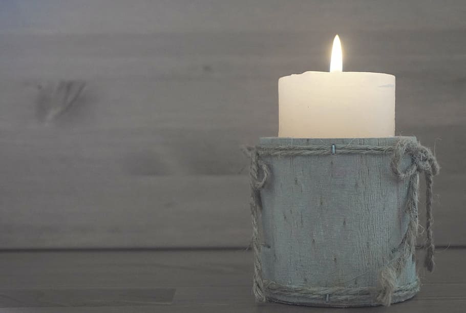 white, pillar candle, gray, wooden, case, candle, decoration, holiday, decorated, design