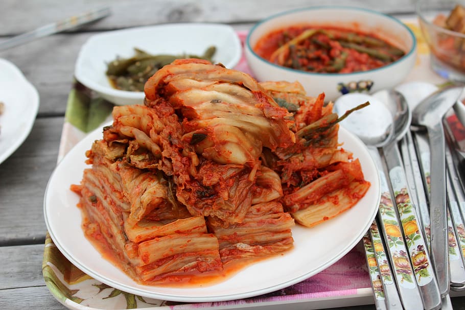 piring, di samping, sendok, Pedesaan, Meja Makan, Kimchi, Makanan, meja makan pedesaan, memasak, republik korea
