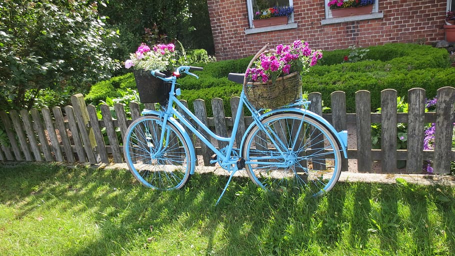 bike, art, garden, flowers, beautification, front yard, artfully, garden decoration, plant, flowering plant