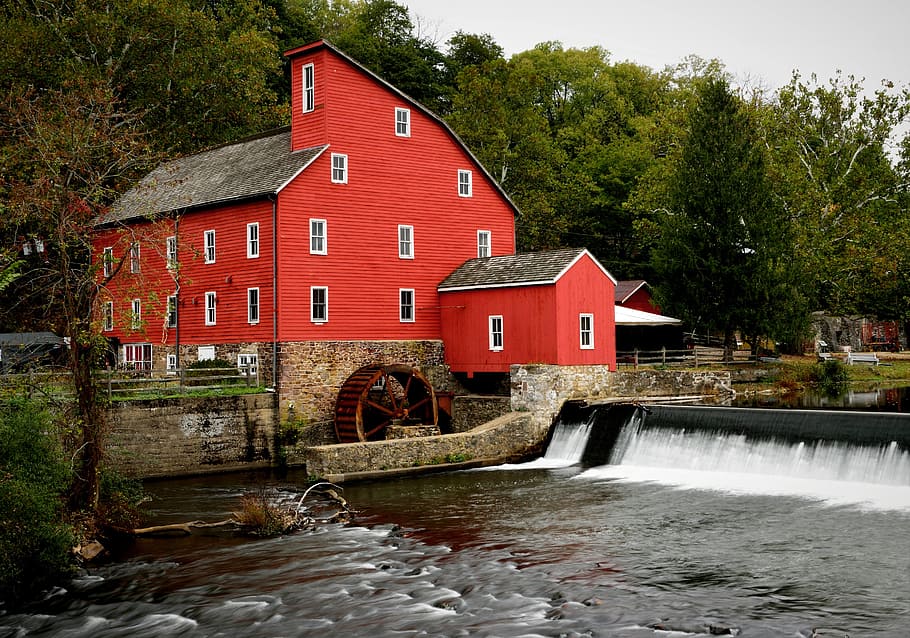clinton nj, nj, red mill, old, mill, vintage, energy, landscape, waterfall, historic