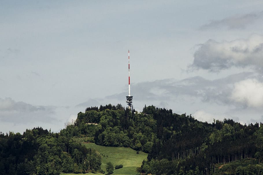 selective, focus photography, red, white, satellite tower, cell tower, hillside, cell, tower, architecture