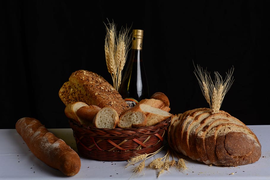 still, life photography, breads, basket, food, wheat, wine, bread, food and drink, studio shot
