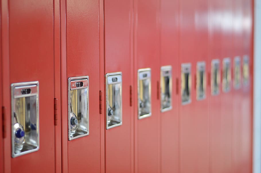 lockers, school, high school, red lockers, red, safety, door, entrance, protection, security