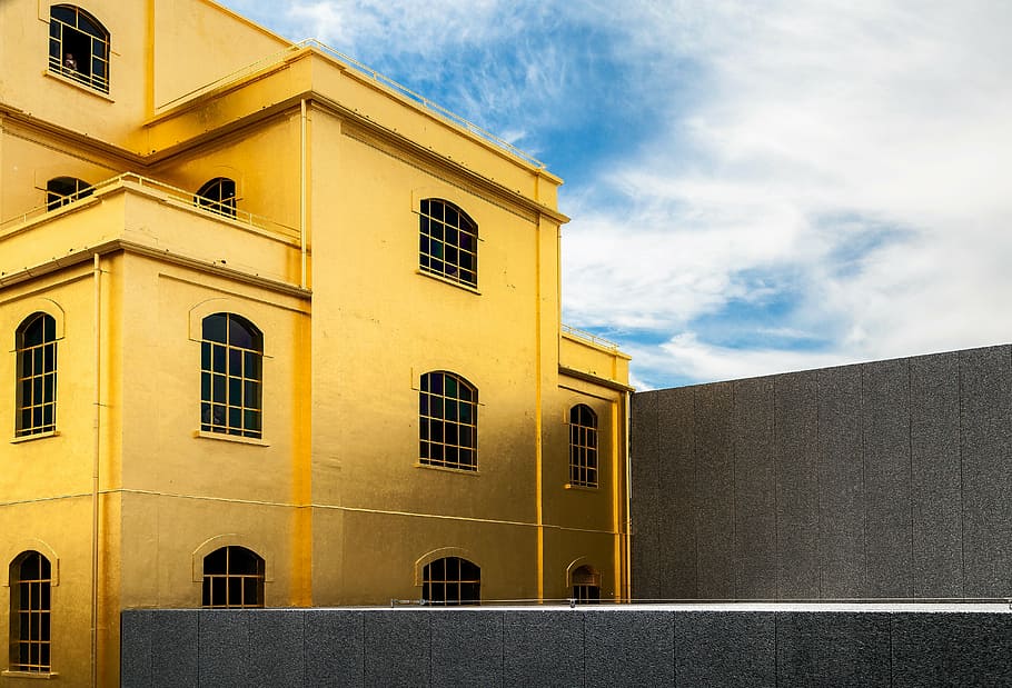fotografía, amarillo, edificio, hormigón, pintado, casa, arquitectura, estructura, azul, cielo