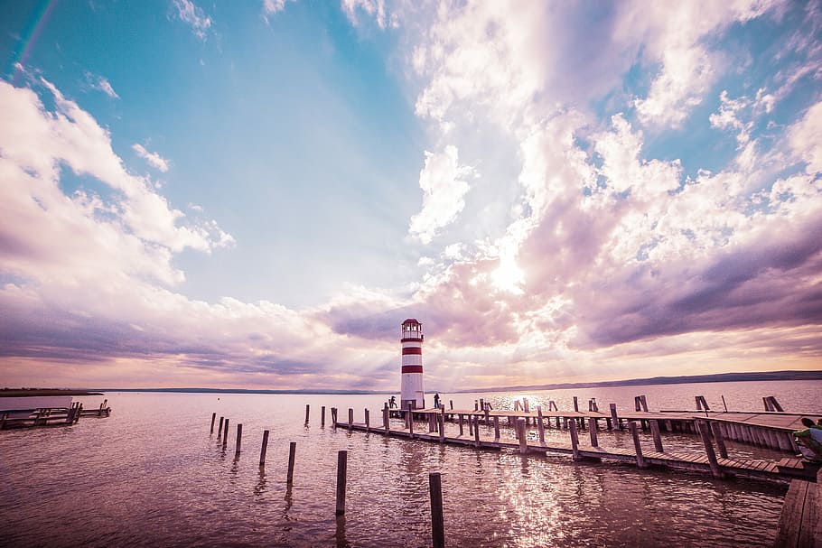 sunset:, edit, Lighthouse, Sunset, Colorful, austria, clouds, lake, neusiedler see, pier