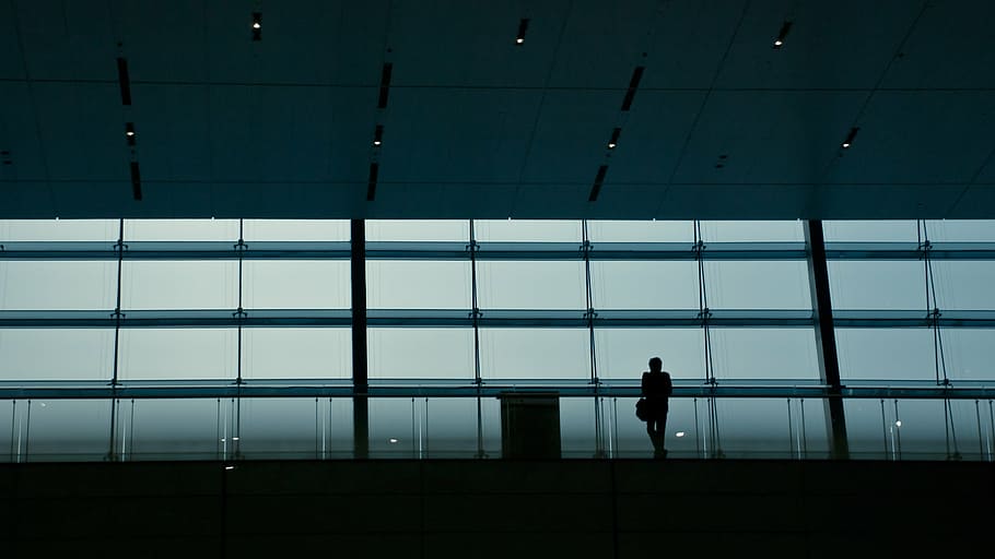 fotografía de silueta, hombre, en pie, inclinado, construcción de vidrio barricada, arquitectura, edificio, infraestructura, establecimiento, gente