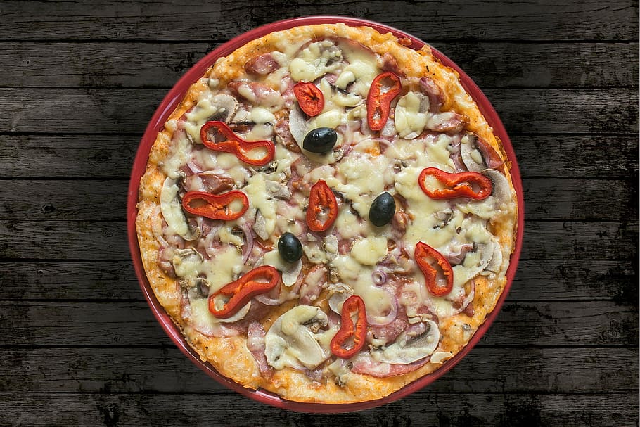 foto, pizza de pepperoni, pizza, jamón, queso, vista desde la parte superior, placa base, buena comida, comida rápida, restaurante