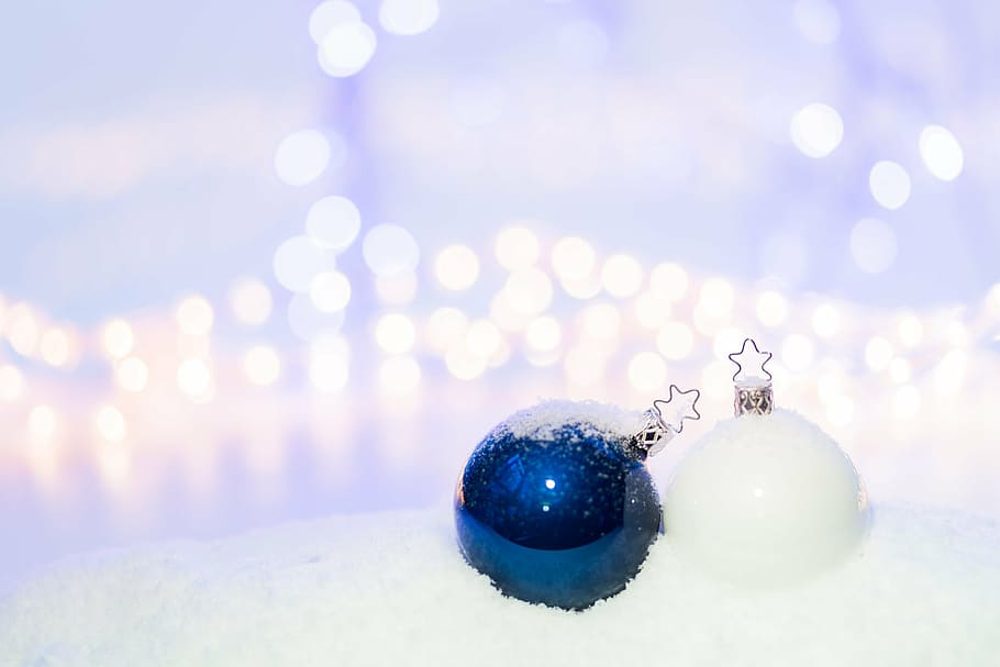 two, christmas baubles, snow, closeup, round, blue, white, ball, decors, surfaces
