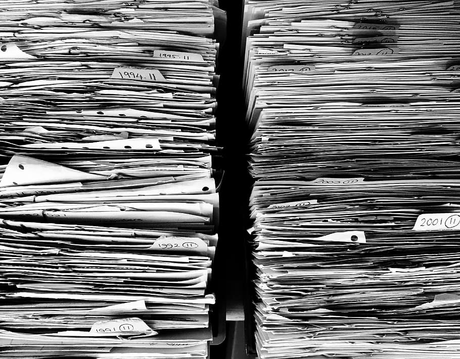 two, piles, white, printing papers, files, paper, office, paperwork, stack, work