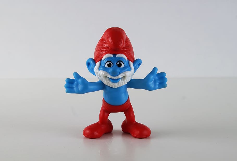 smurf, smurfs, papa smurf, gambar, mainan, dekorasi, kumpulkan, biru, merah, tampak depan