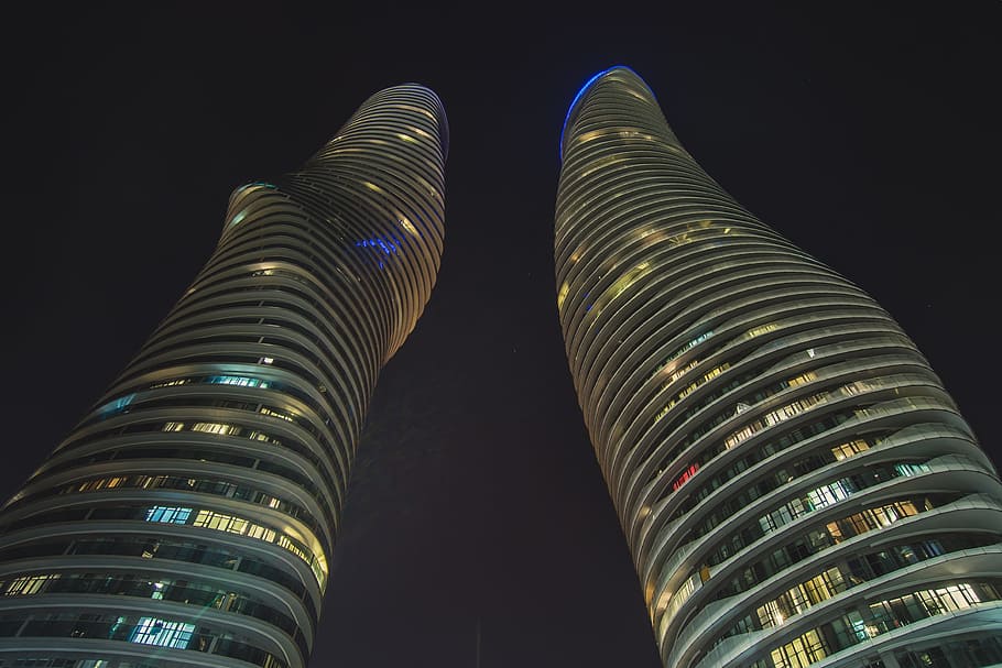 두 개의 고층 건물, 타워, 고층 빌딩, 모양, 현대, 건축, 높은, 도시, 어두운, 밤