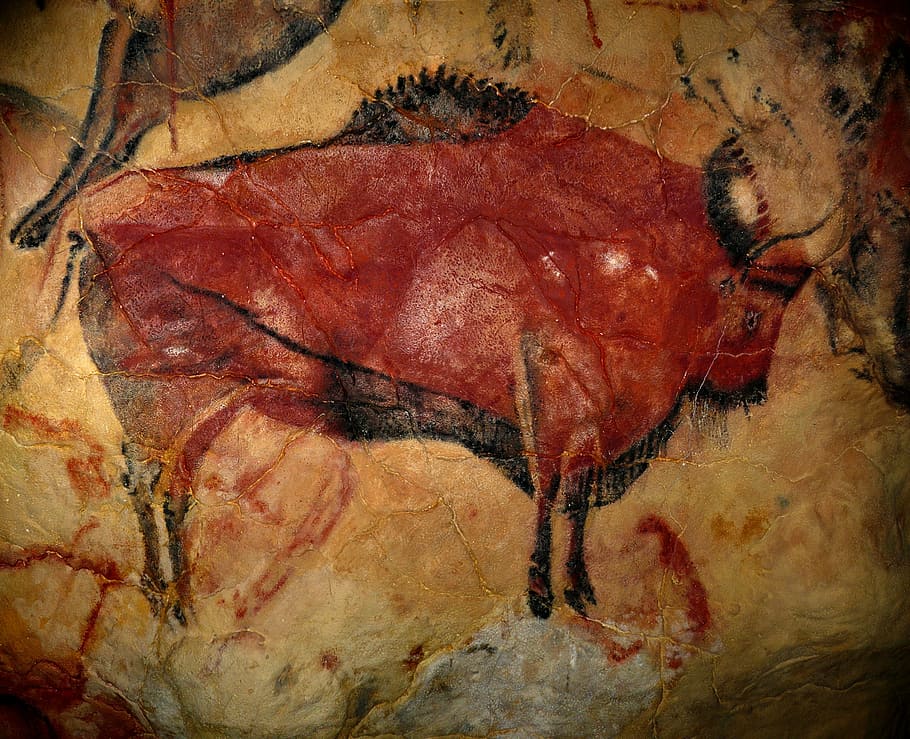 red bull artwork, bison, cave of altamira, prehistoric art, upper palaeolithic, etchings, steppe bison, prehistory, artworks, technical mastery