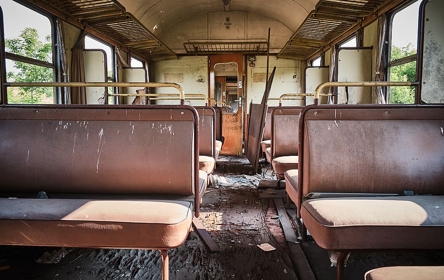 wagon, seats, old, shard, interior, dare, railway wagon, sit, train, scrap