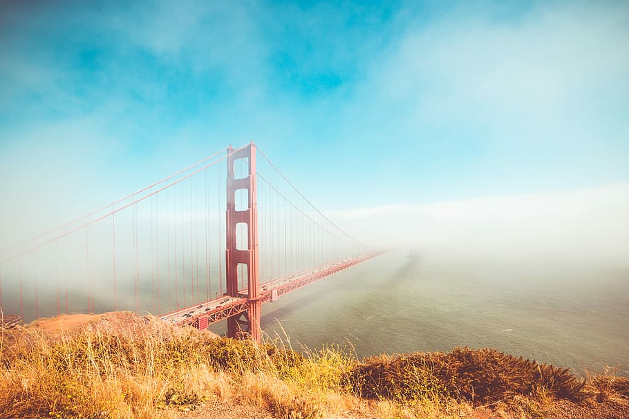 emas, jembatan gerbang, Berwarna-warni, Jembatan Golden Gate, Berkabut, Cerah, Cuaca, arsitektur, jembatan, california