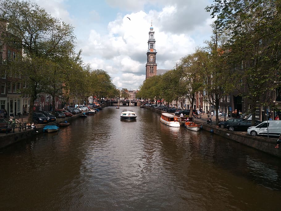 holland, amsterdam, channels, channel, light, clouds, tower, clock, boat, barca