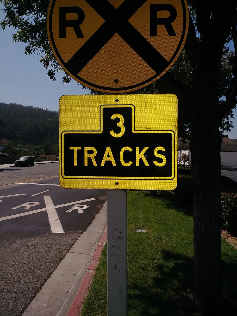 rail track, sign post, tracks of rails, sign, road, communication, transportation, symbol, tree, road sign