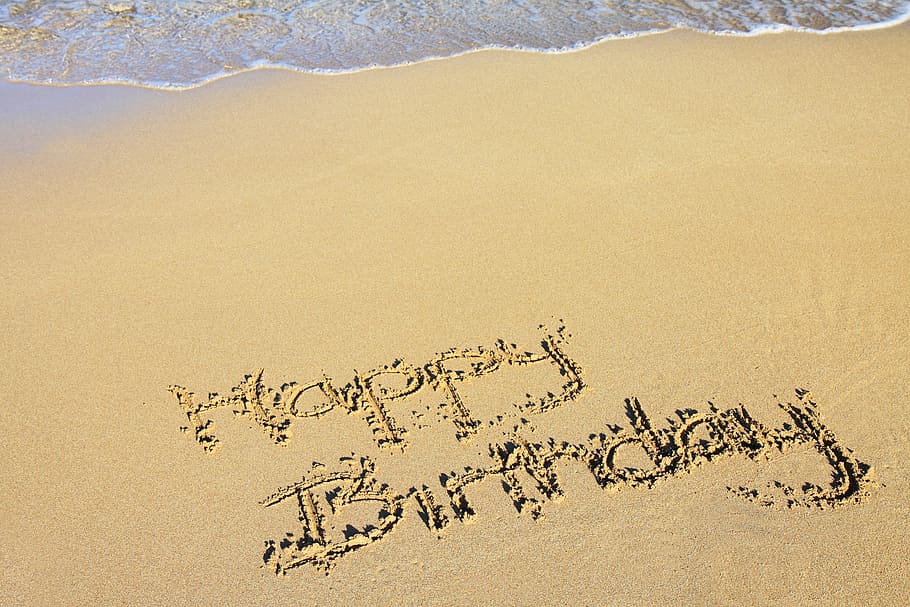 행복, 생일 모래 예술, 바닷가, 생일 축하, 축하, 연안, 그림, 자연, 대양, 모래