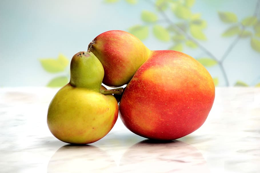 irregular, forma, rojo, verde, manzanas, fruta, manzana, par de manzanas, defecto genético, fenómeno de la naturaleza