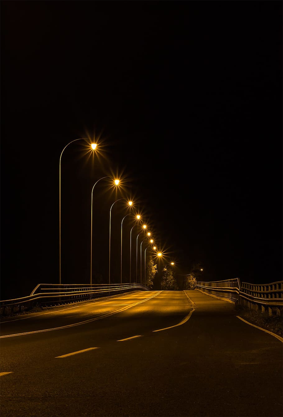 empty, highway, lighted, lamp posts, night time, alder stream bridge, evening, night, in the evening, silence