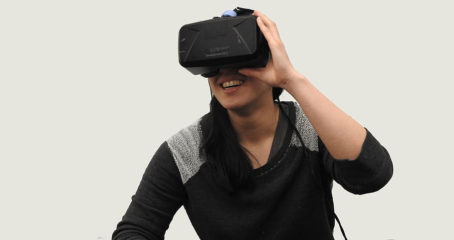woman, using, vr glasses, virtual reality, oculus, technology, reality, virtual, headset, tech