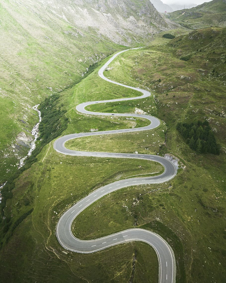 aerial, view, curvy, road, daytime, curvy road, journey, drive, scenic, highway