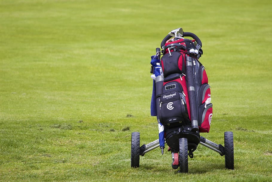 red, golf bag, green, field, golf, bag, sport, club, grass, equipment
