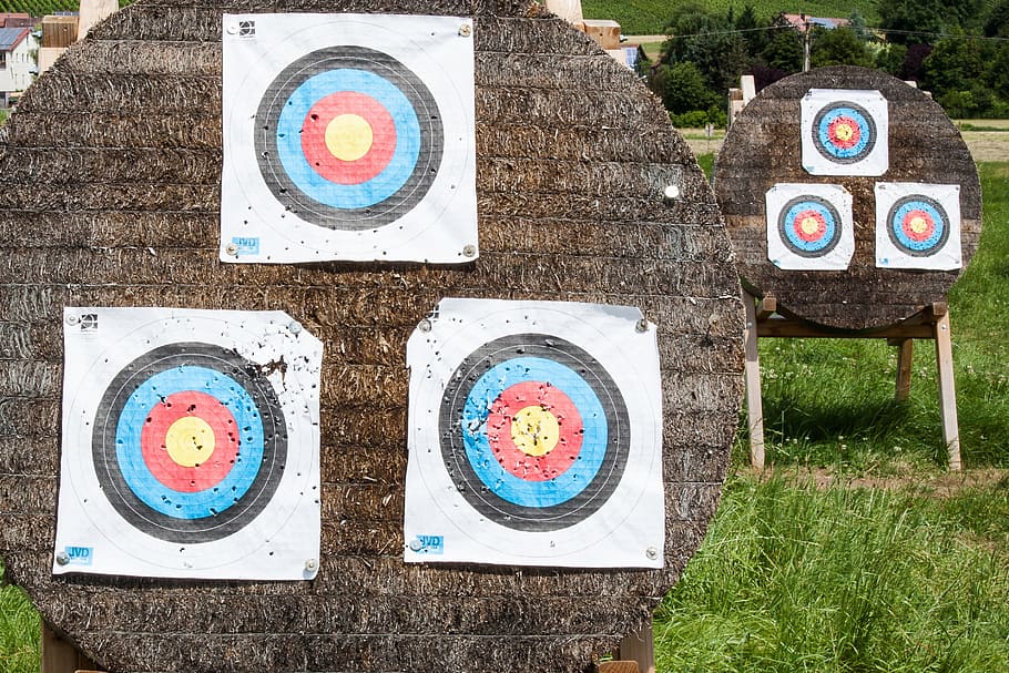 three, white, target sheets, round, brown, board, target, objectives, archery, meeting
